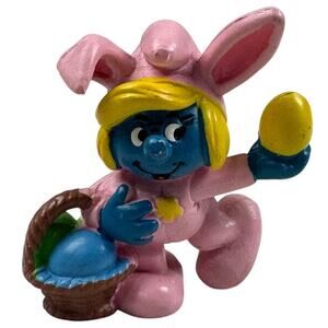 Vintage Schleich Smurfette Easter Bunny with Basket & Egg 1983 Peyo Portugal